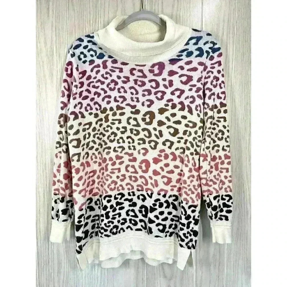 Soft Surroundings Sweater Small Leone Rainbow Leopard Print High Neck Cozy Knit - Picture 3 of 9